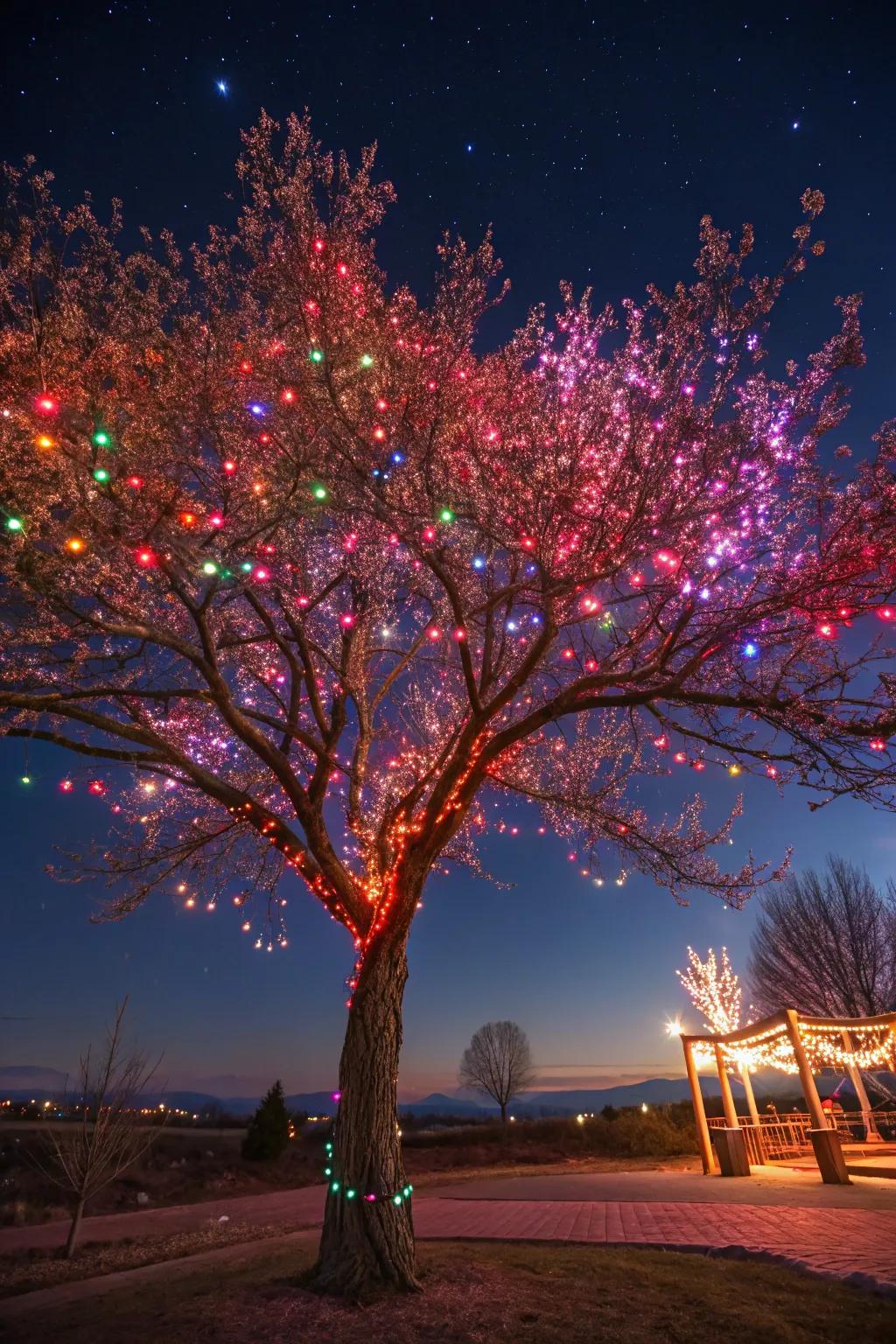Vibrant lights breathe life into a tree, infusing it with radiant colors.