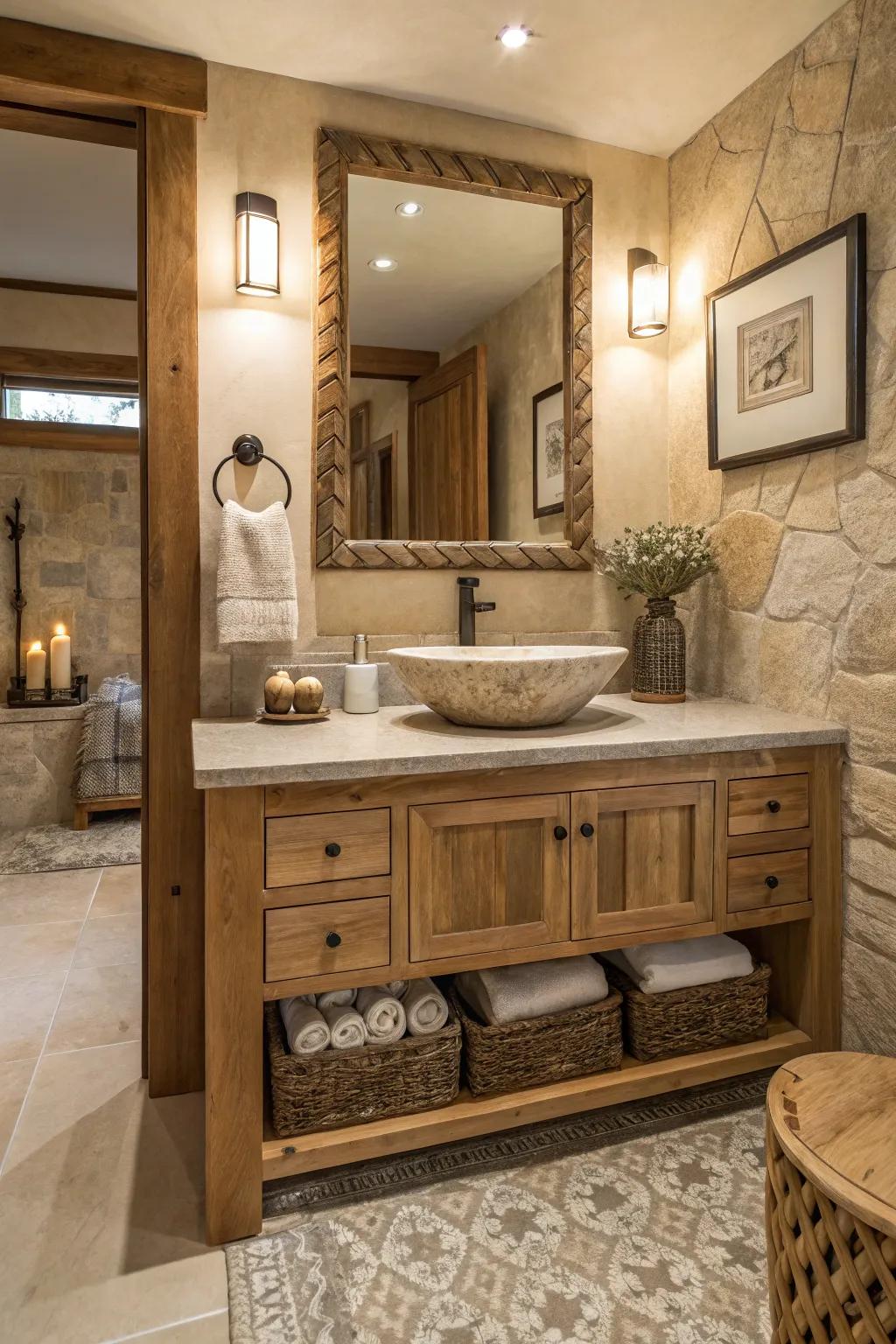 A bathroom showcases a vanity crafted from authentic materials for extra warmth and texture.