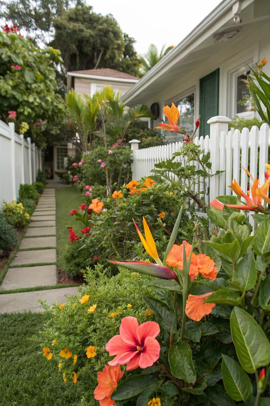 Brilliant hibiscus and birds of paradise contribute striking hues to the garden.