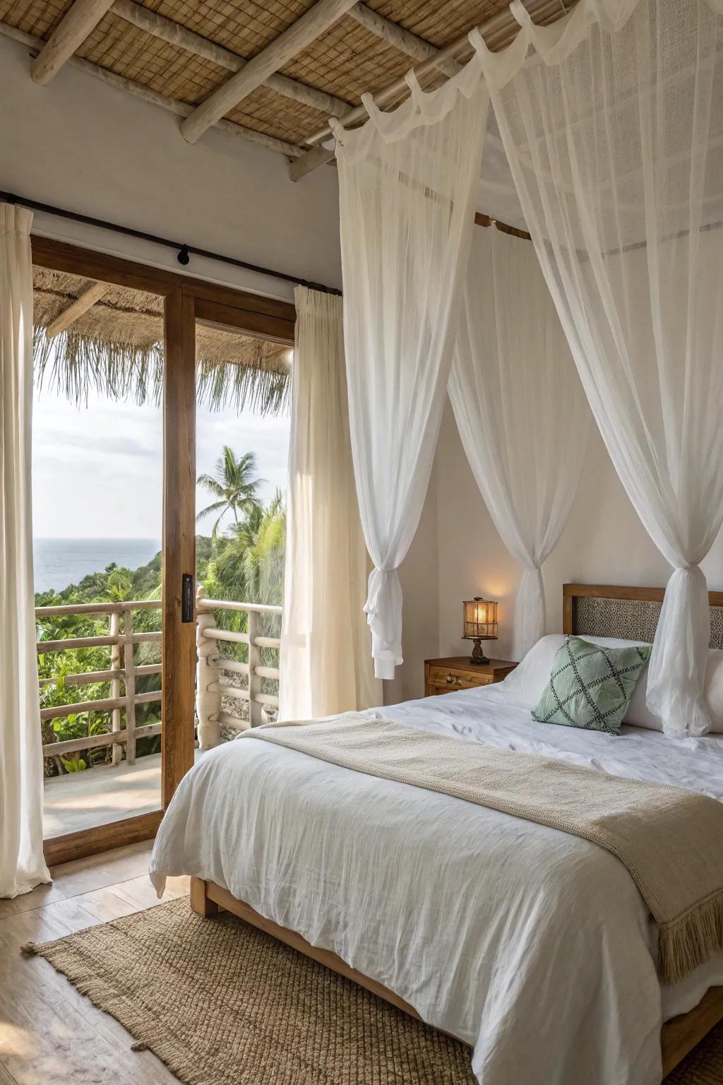 Weightless and ethereal textiles fashion a breezy and relaxed tropical ambiance.