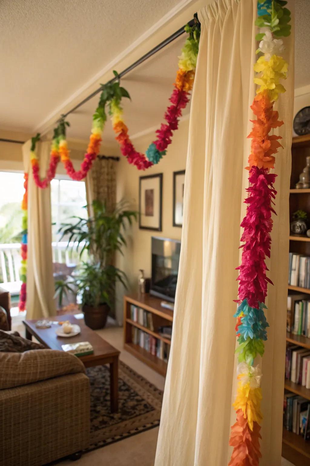 Floral garlands as drapery ties introduce an island vibe to your windows.