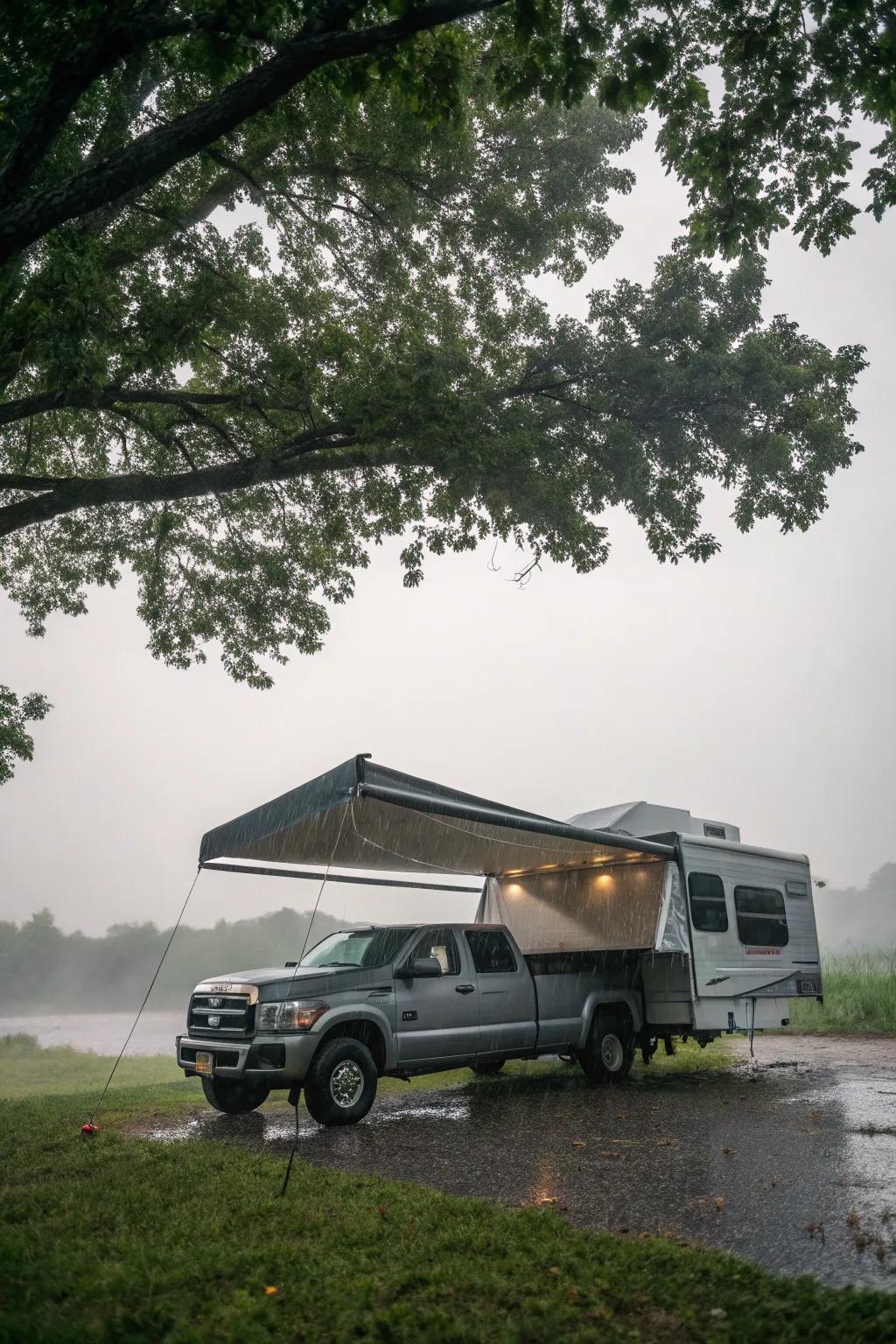 A weather-resistant awning providing excellent shelter during a light shower.