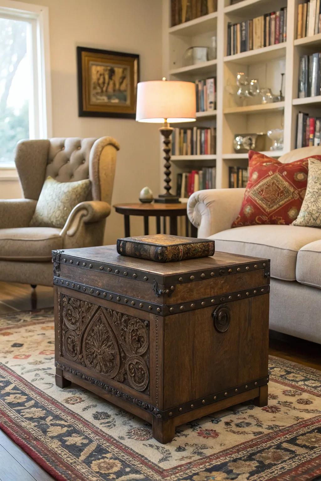 A rustic trunk serves as an attractive end table, perfect for a lamp and a book.