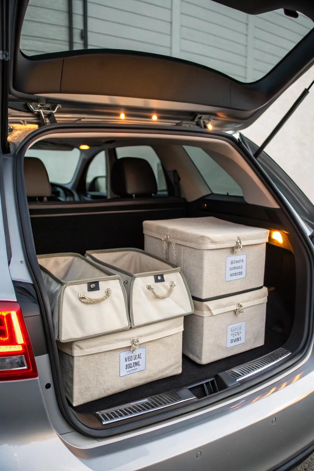 Soft boxes with grip strips for secure and quiet trunk arrangement.