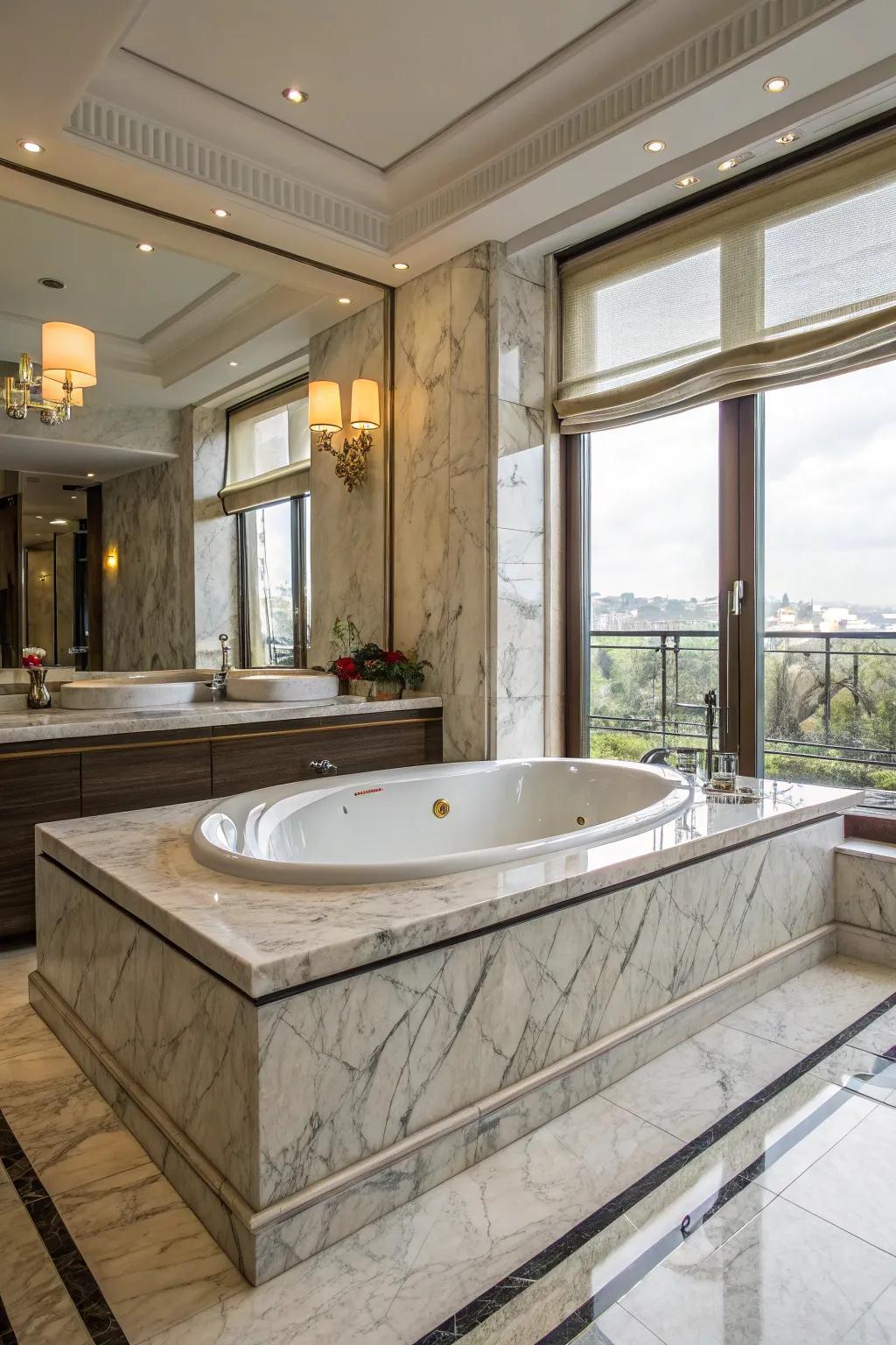 A tub surround with elegant marble textures that enhance the space.