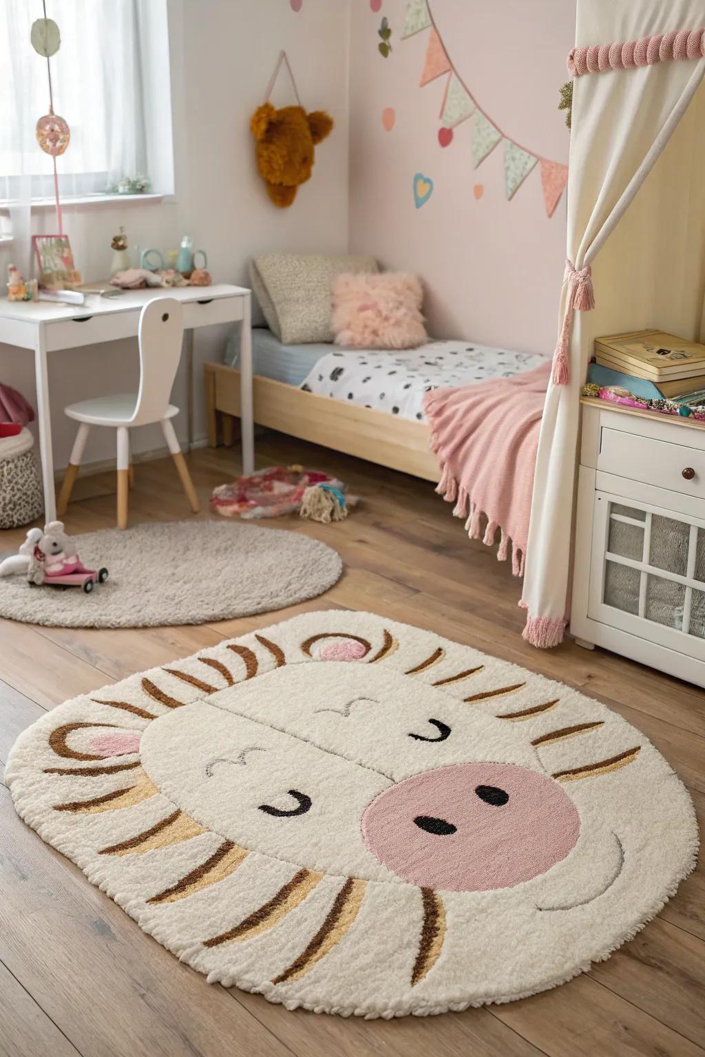 Animal-shaped rugs introduce a whimsical element to kids' rooms.