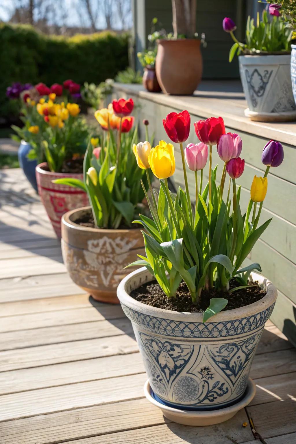 Colorful tulips flourishing in decorative pots on a bright patio.