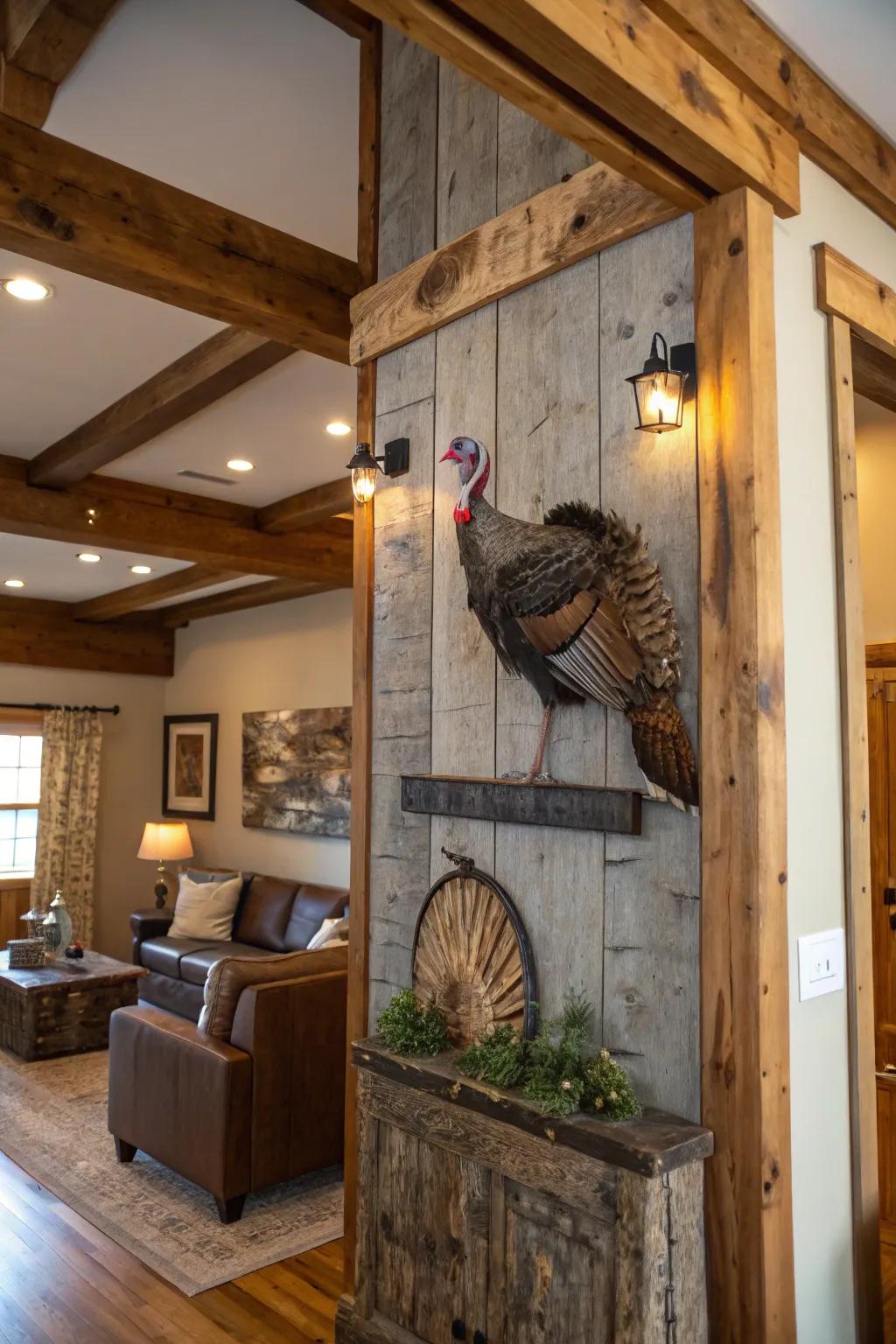 A turkey display beautifully arranged against a backdrop of unrefined wood wall covering.