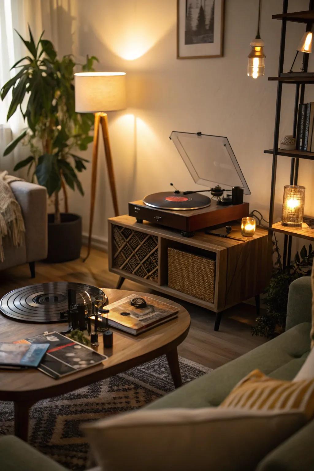 Ambient lighting adding warmth to a turntable zone.