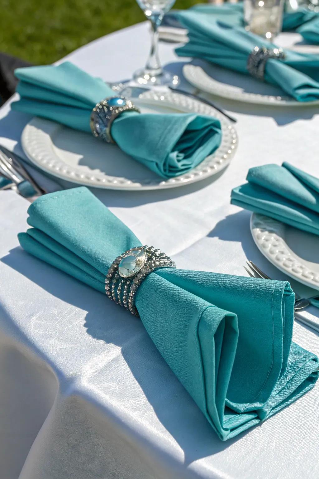 Aqua napkins with decorative rings introduce flair and style.