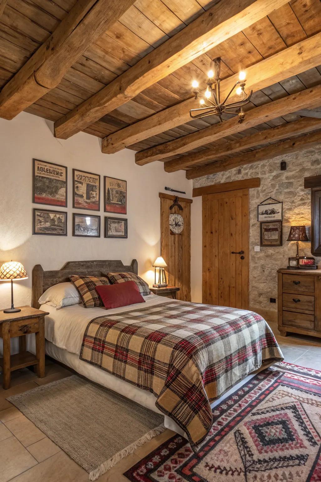 Exposed supports introduce a hint of countryside charm to your bedroom.