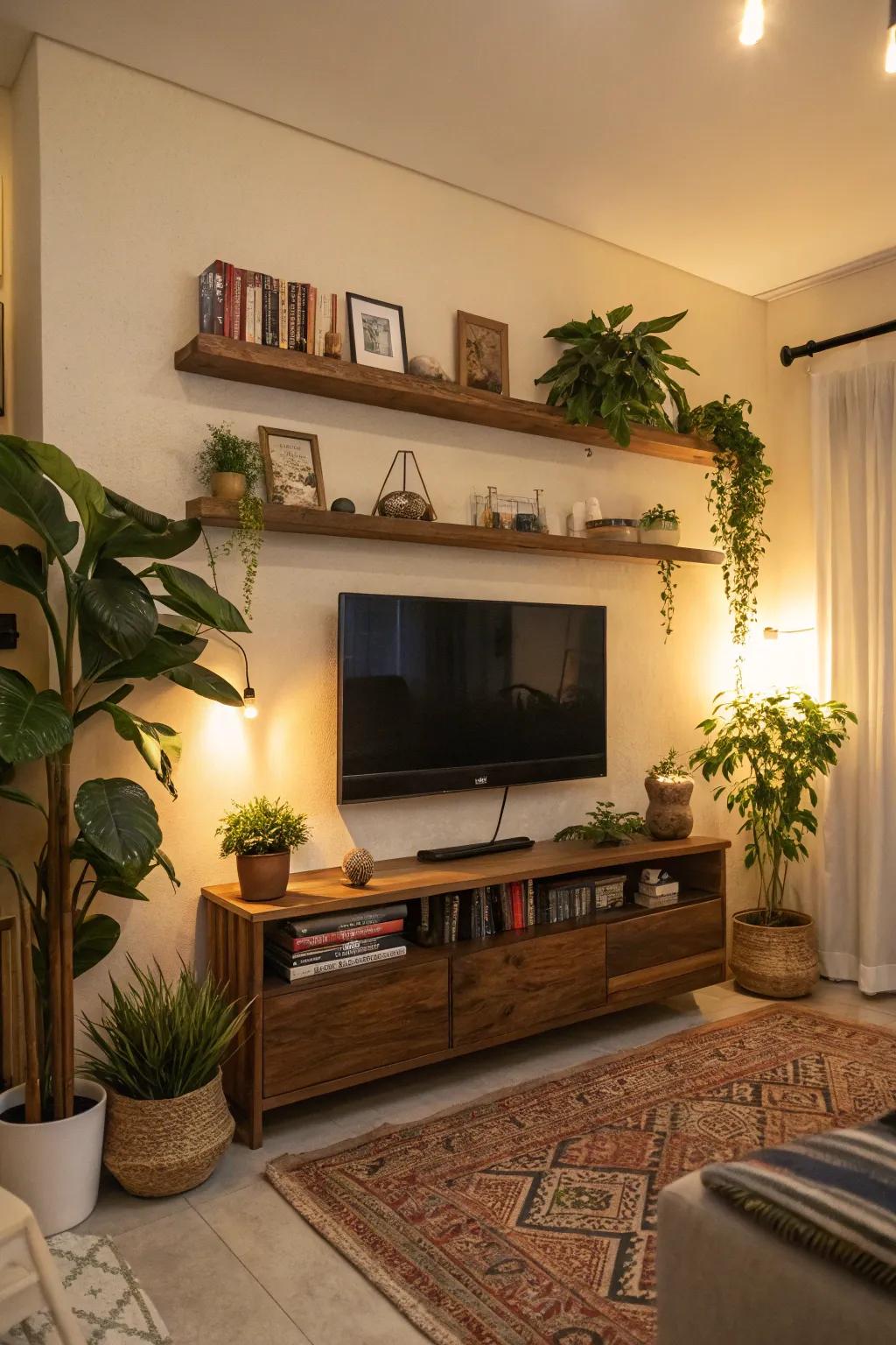Drifting shelves and plants enrich this TV feature wall, creating a lively ambiance.
