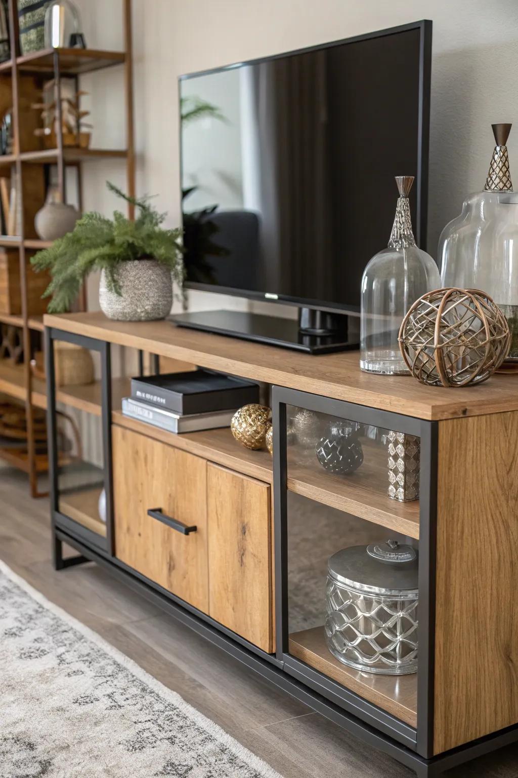 A blend of materials like wood, metal, and glass on a TV stand.