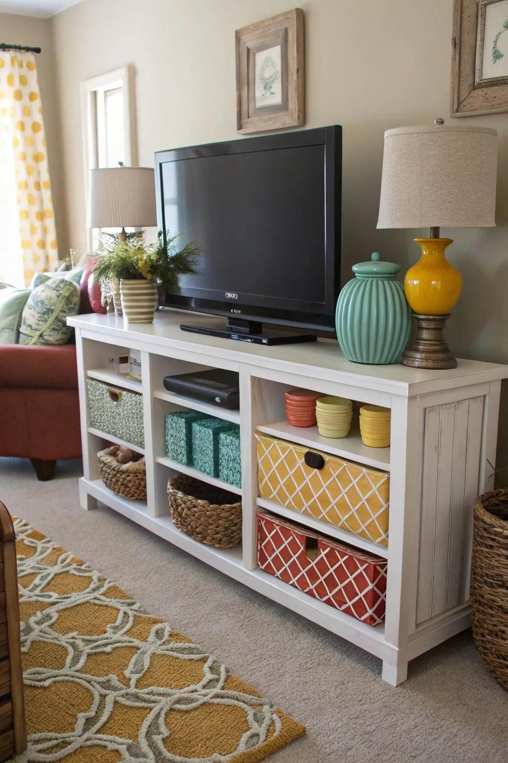 Color coordination integrates the TV area into the room's overall aesthetic.