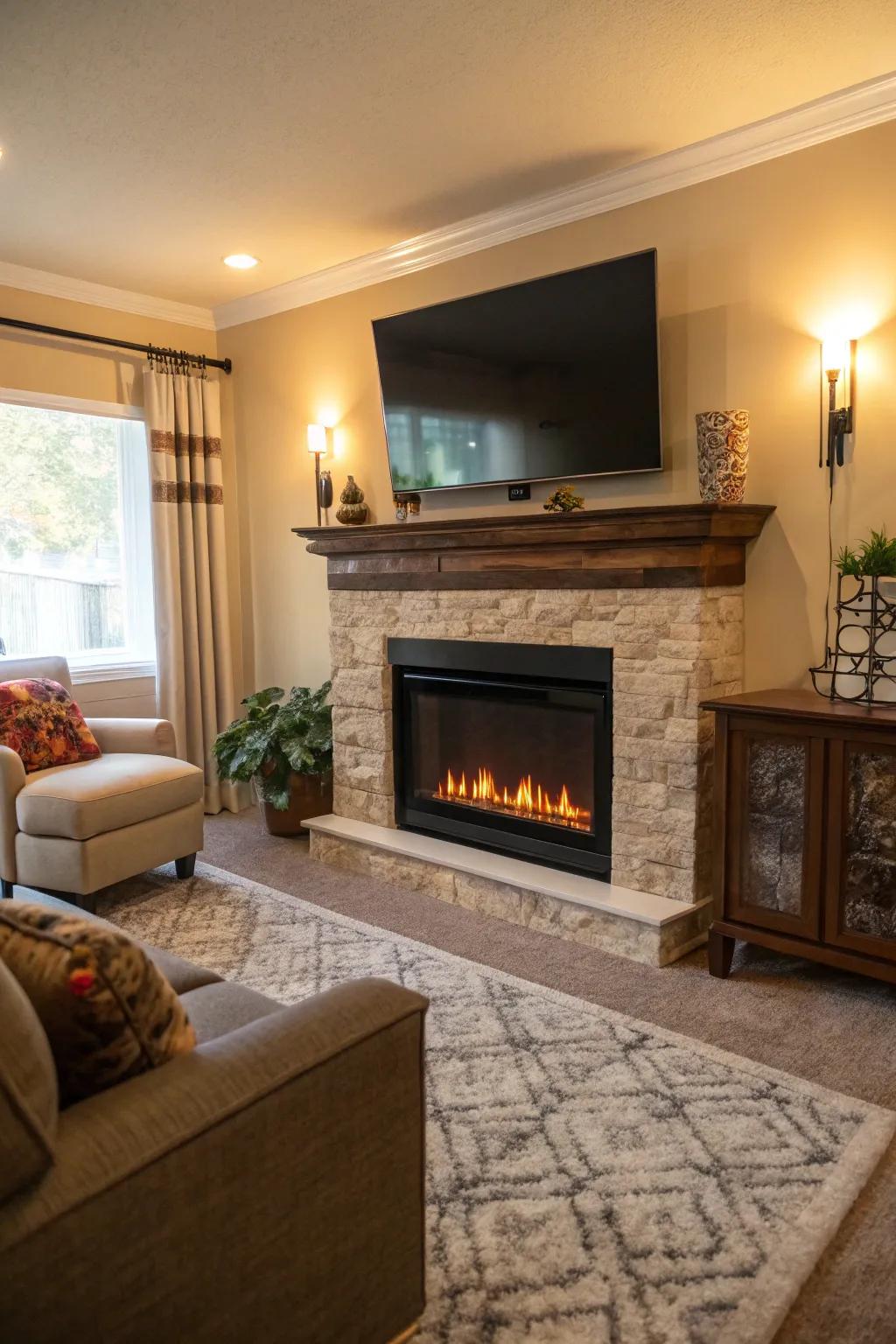 Integrate comfort and entertainment with a fireplace and TV arrangement.