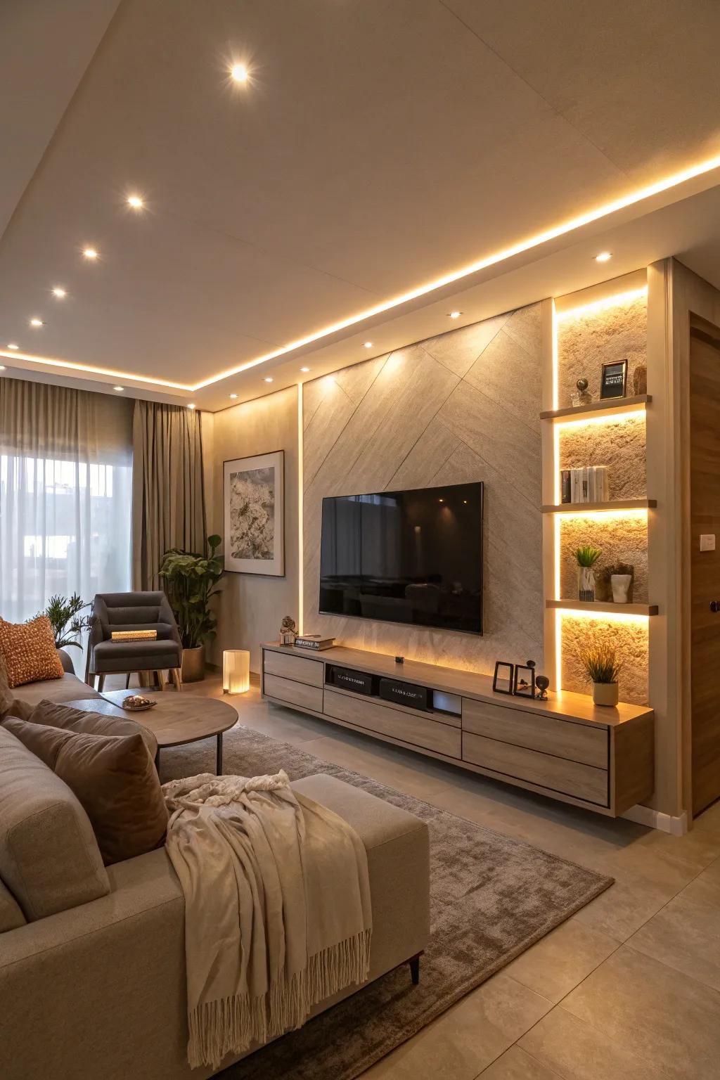 LED lighting casts a gentle radiance over this modern TV setting.