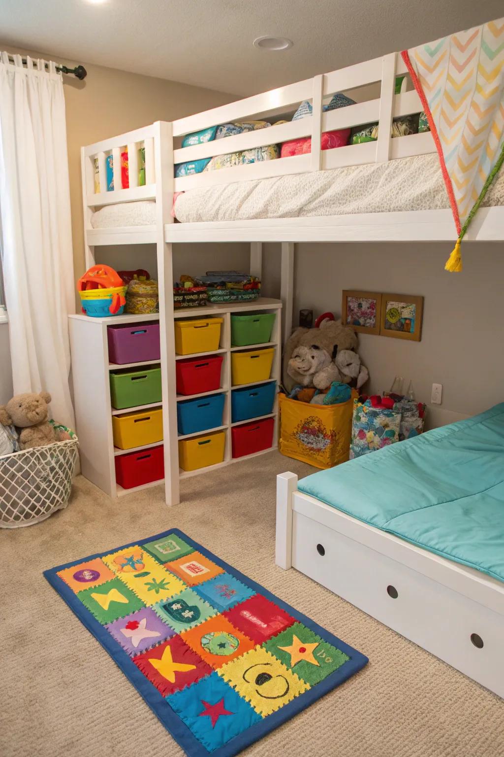 A creative play area under the bunk bed.