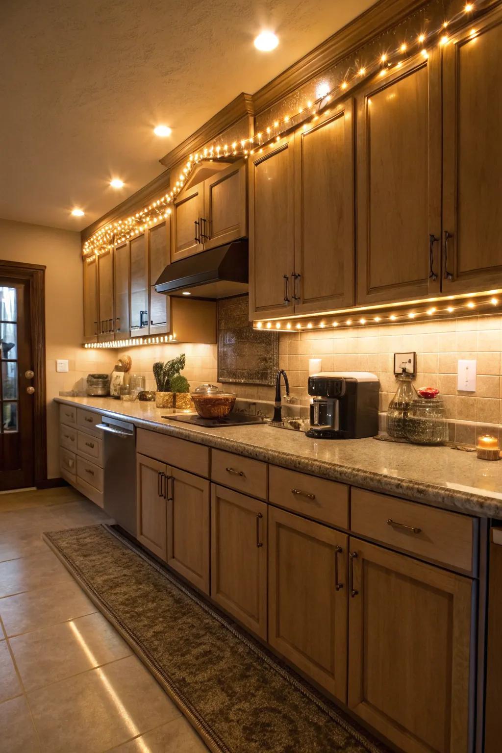 Rope lights contribute a cozy and welcoming glow to kitchen spaces.