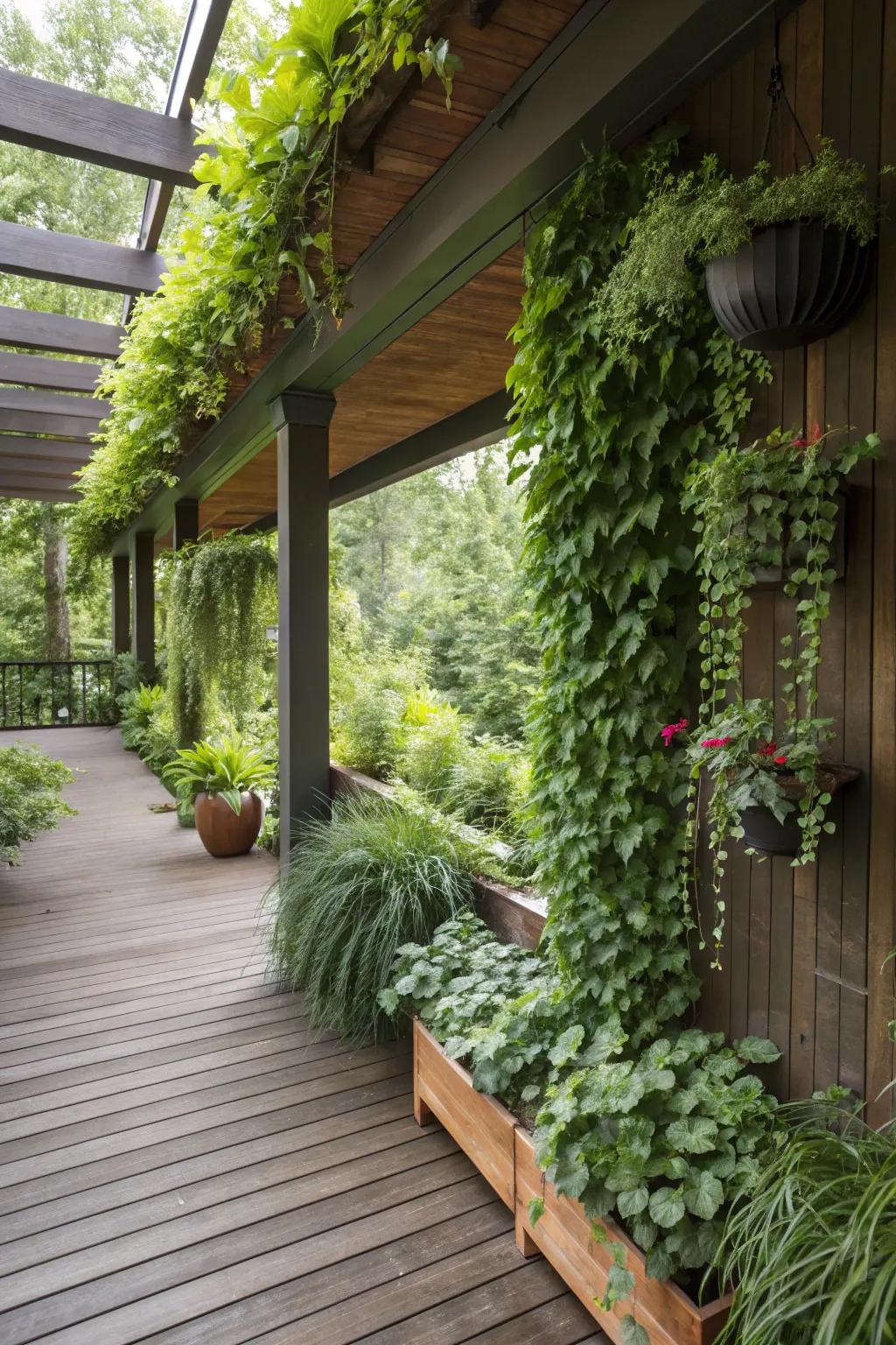 A clandestine garden nook beneath the deck, overflowing with lavish greenery and sky-high planters.
