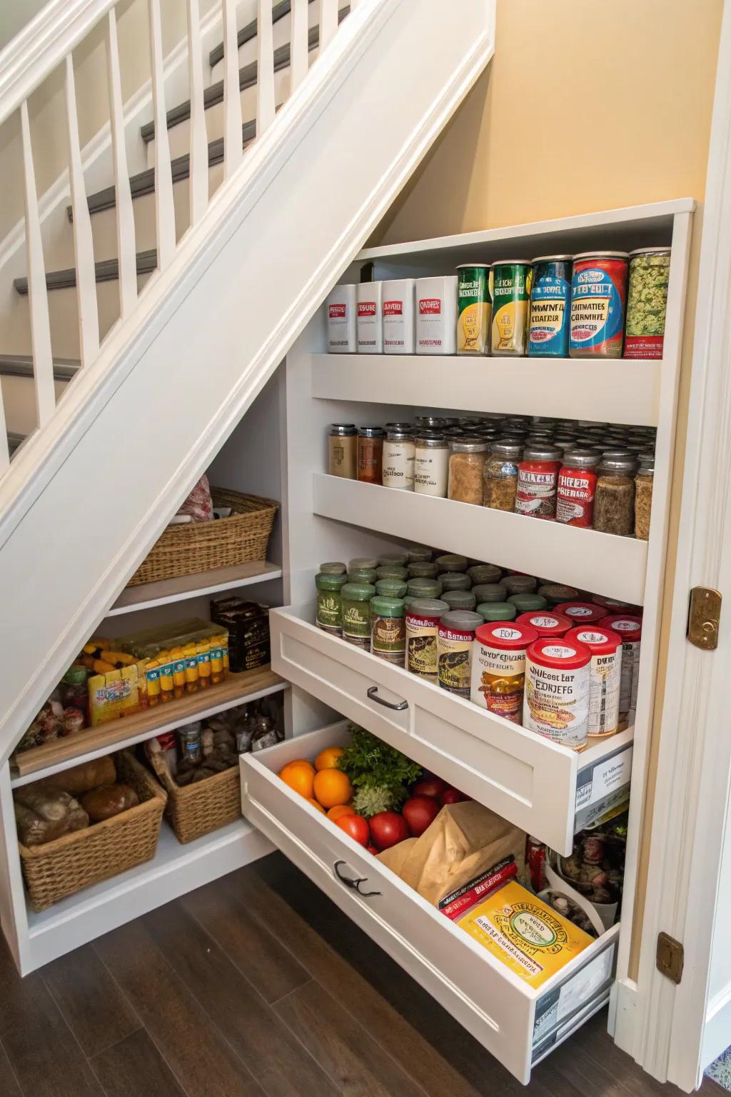 A concealed food storage area under the stairs for all your essential kitchen supplies.