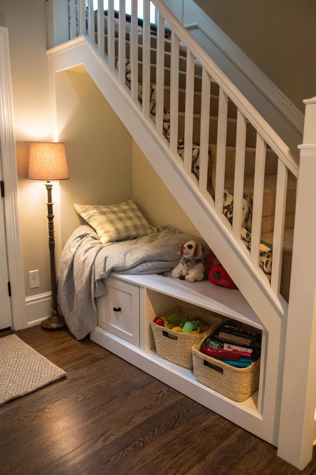 A delightful pet oasis beneath the staircase.