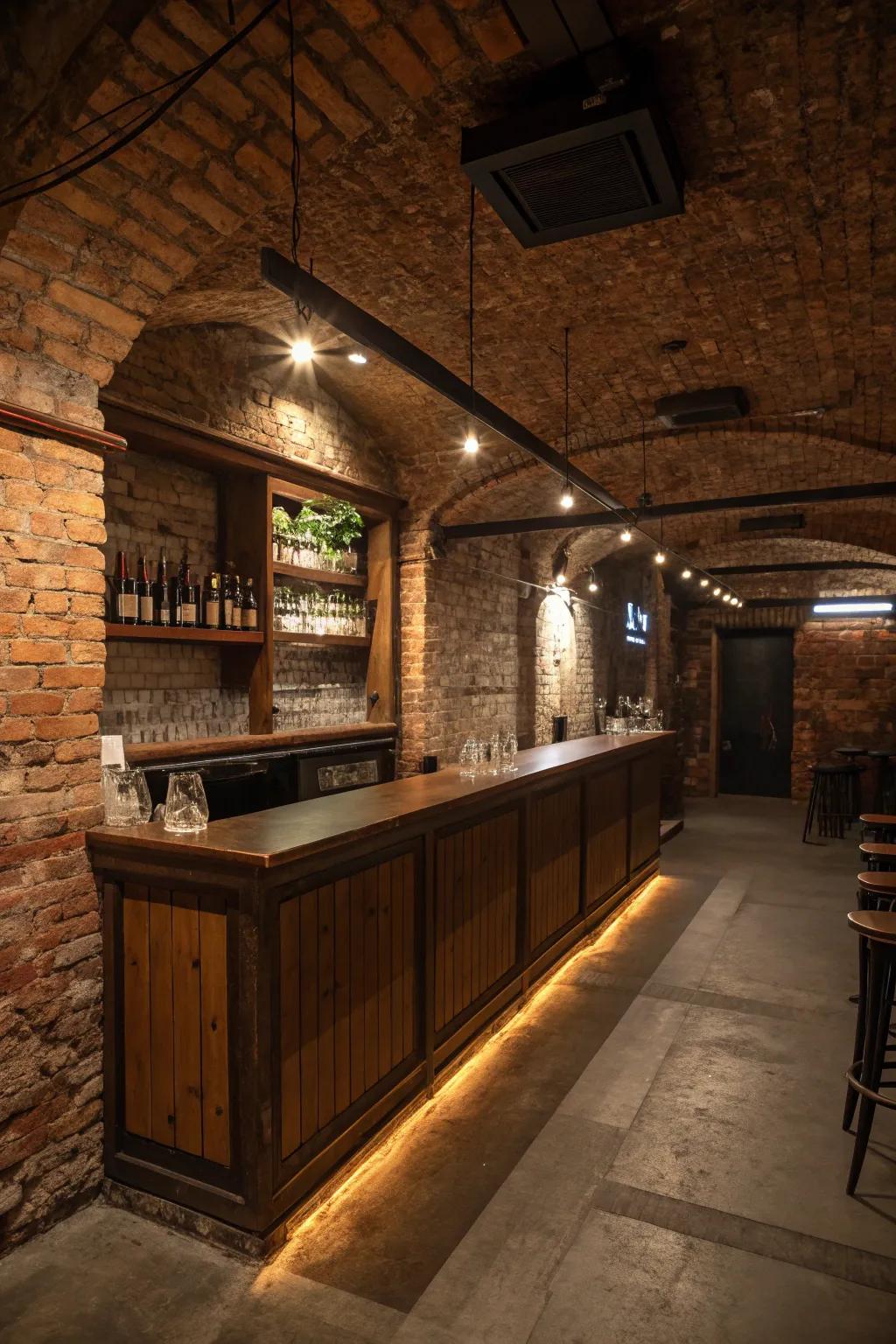 Brick highlights contribute a countryside appeal to the basement pub.