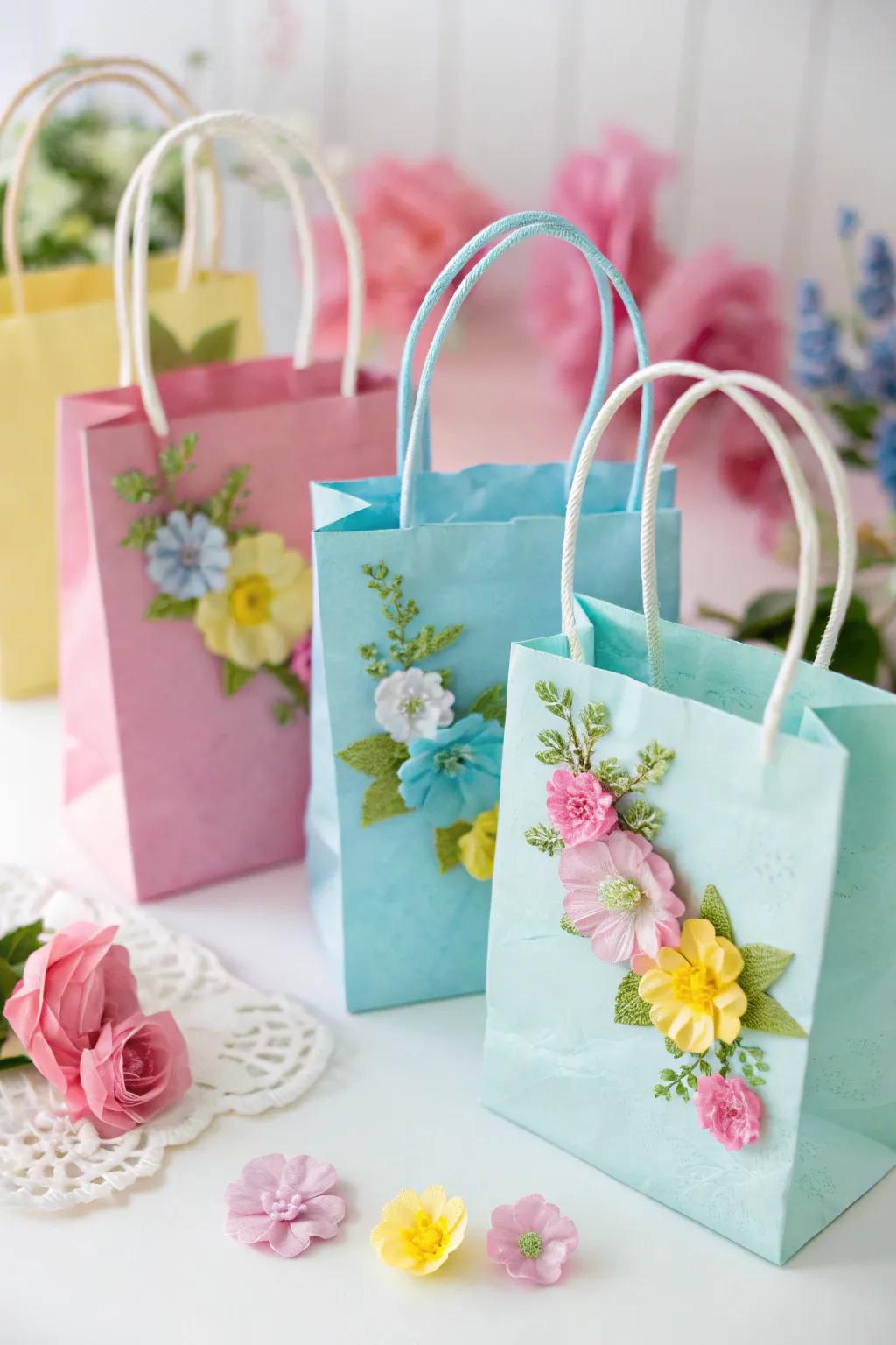 Unicorn treat pouches enhanced with floral decorations.