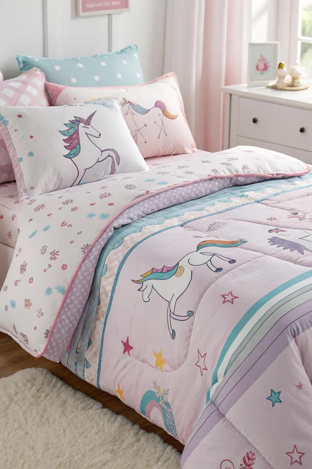 Soft, luxurious bedding encourages dreamy unicorn visions.