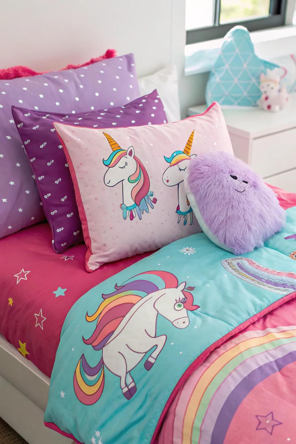 Unicorn-themed bedding creates a magical getaway.