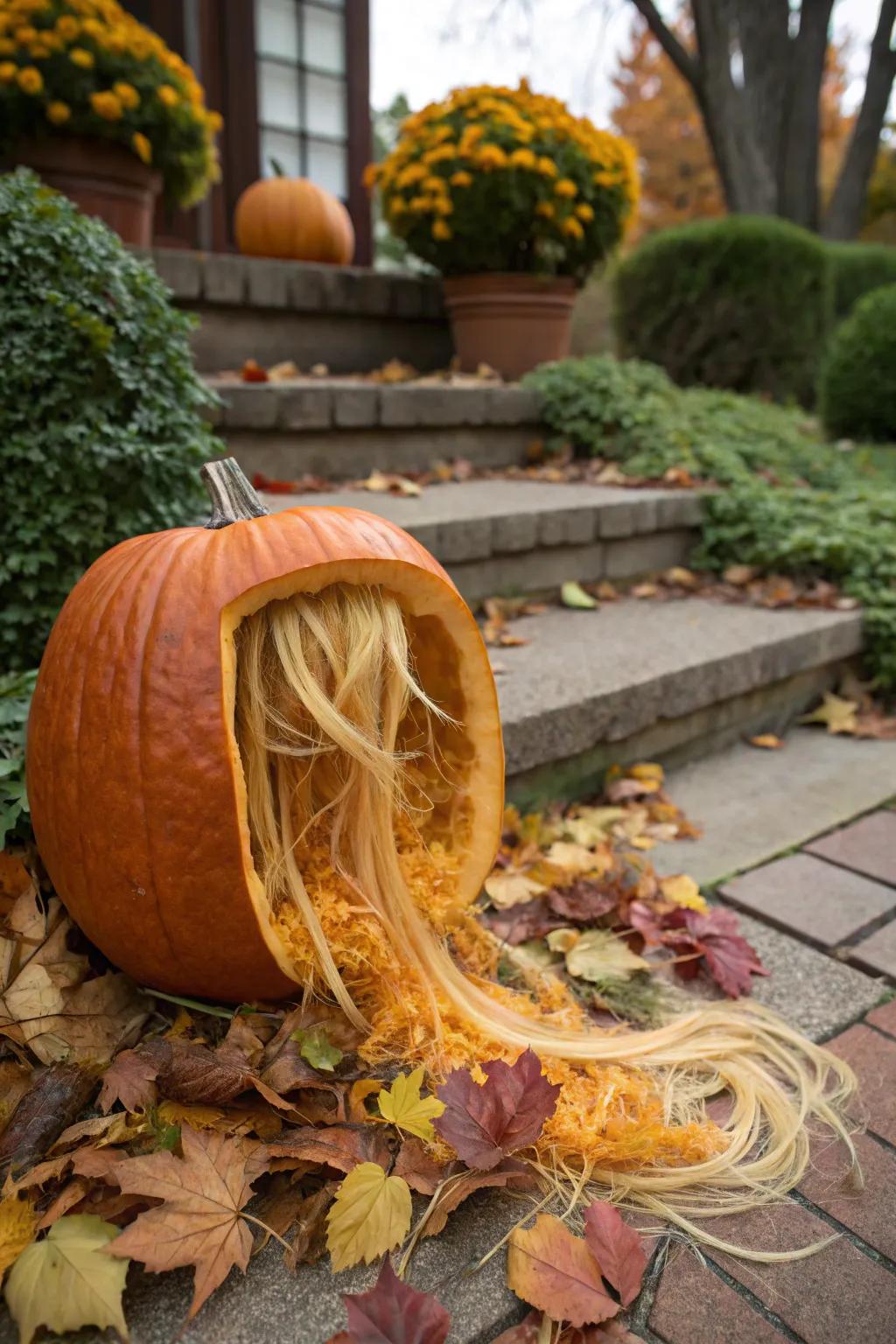 A pumpkin flaunting a wild hairdo fashioned from its own innards.