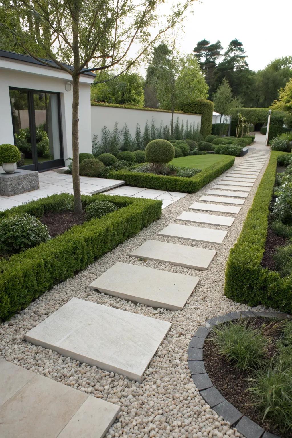 Crushed rock walkways with stepping stones strike the right balance between simple and stylish.