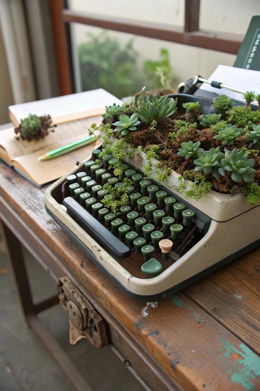 A retro typewriter transformed into an imaginative succulent display, ideal for introducing a hint of nostalgia.
