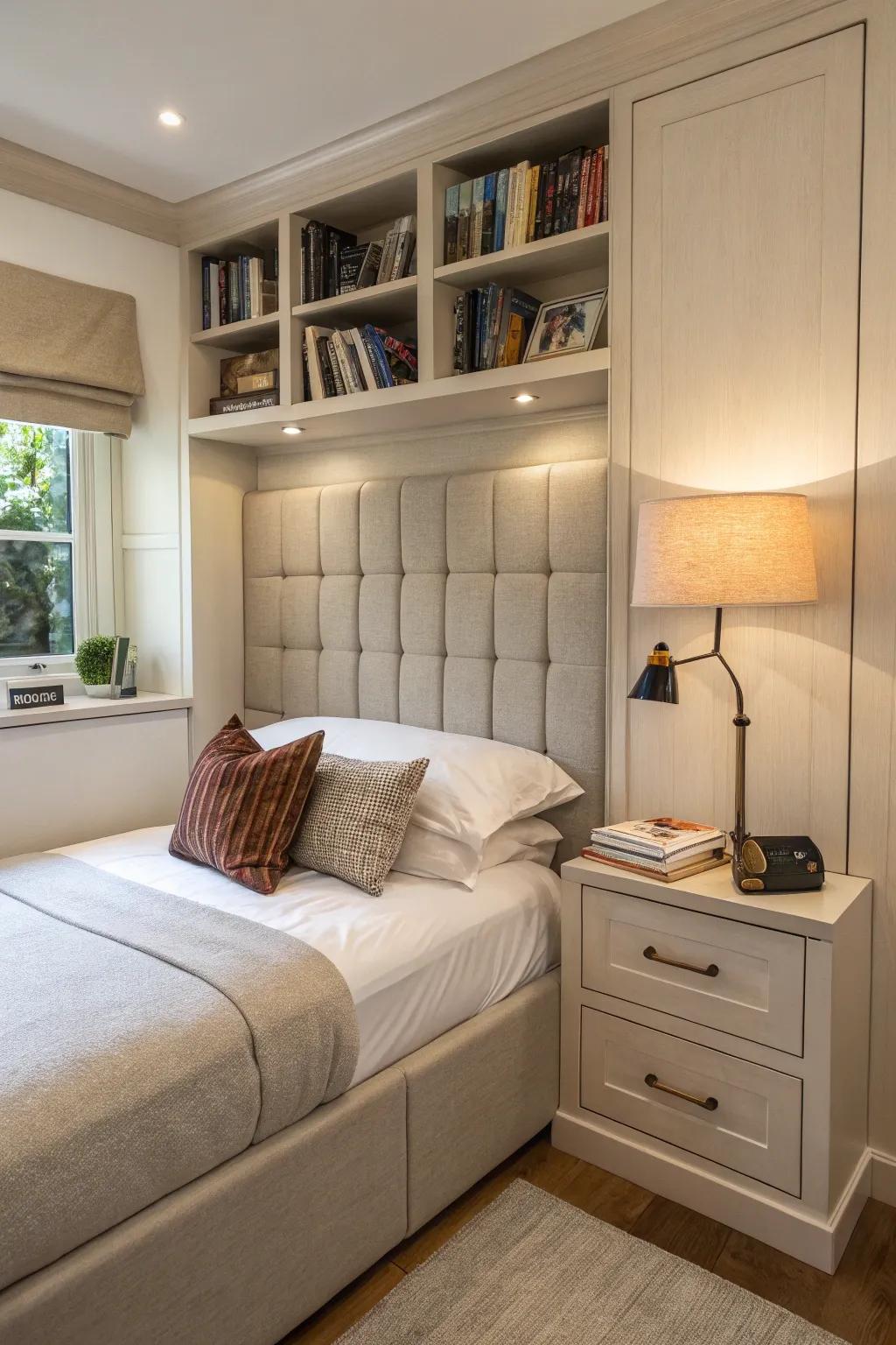 A wrap-around headboard smartly utilizes space while boosting comfort.