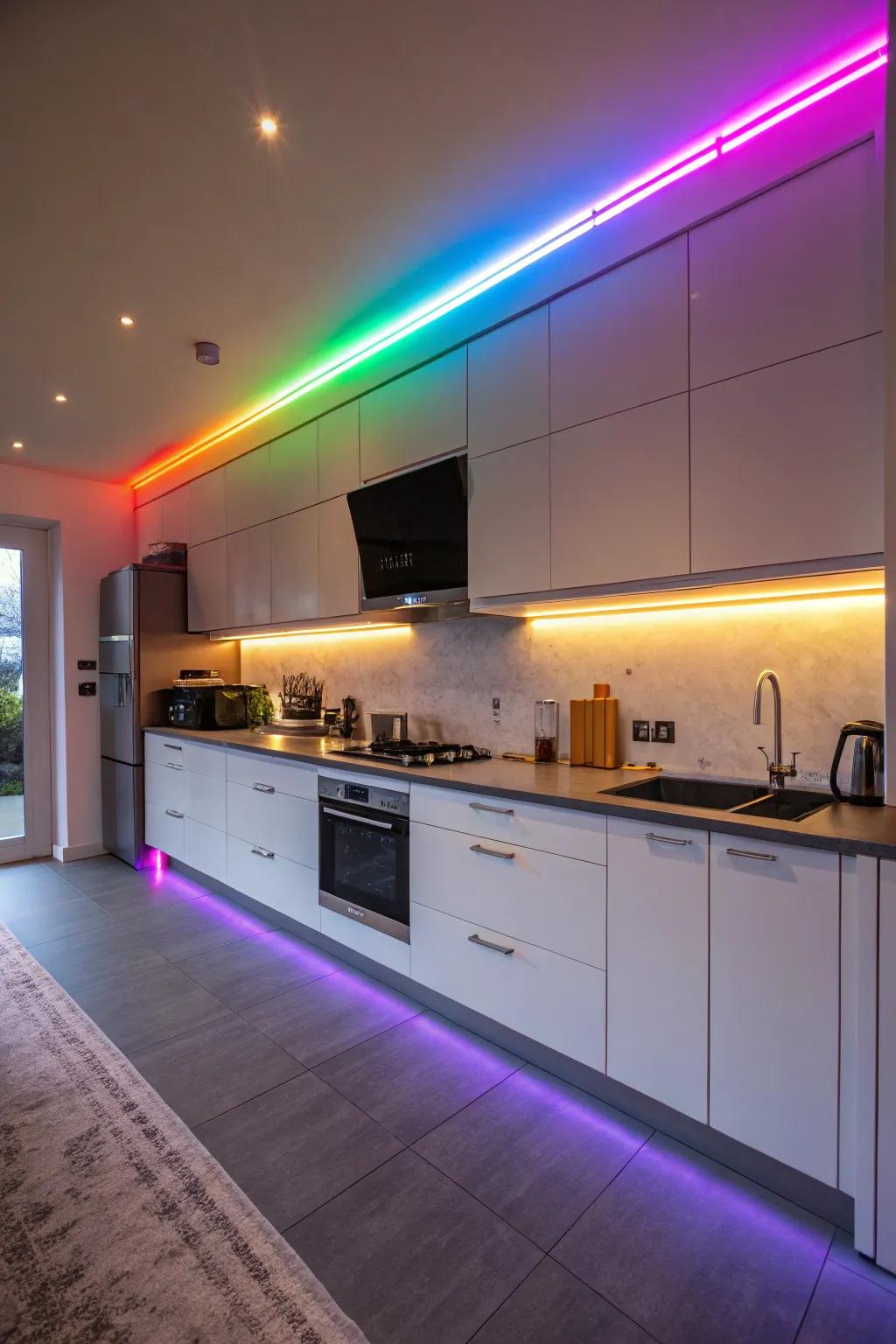 Hue-shifting LED ribbons add a playful touch to the kitchen.