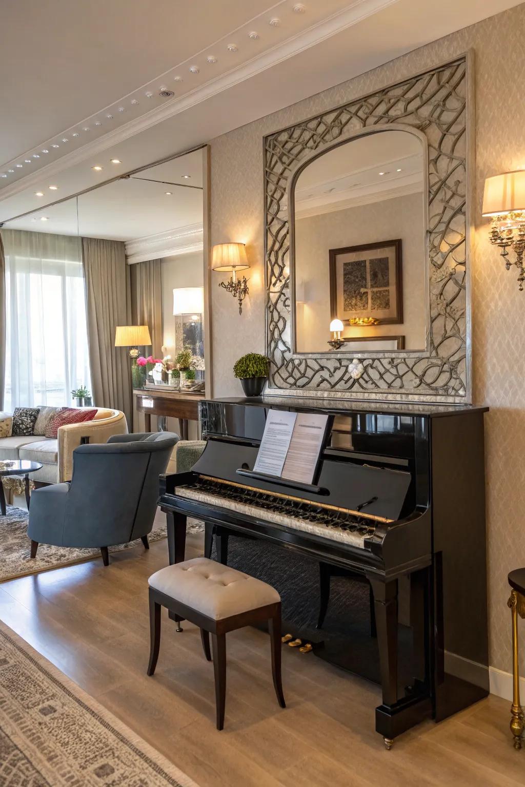 A refined living space showcasing an upright piano enhanced by an ornate mirror mounted above.