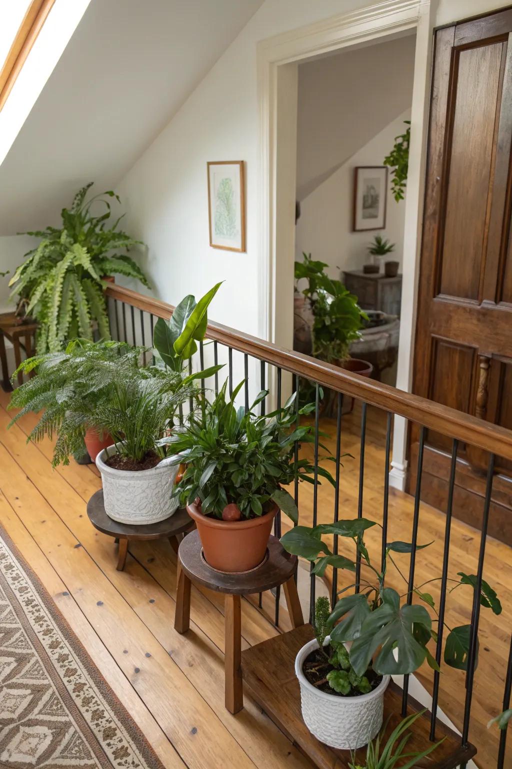Greenery brings life to the upper hallway.
