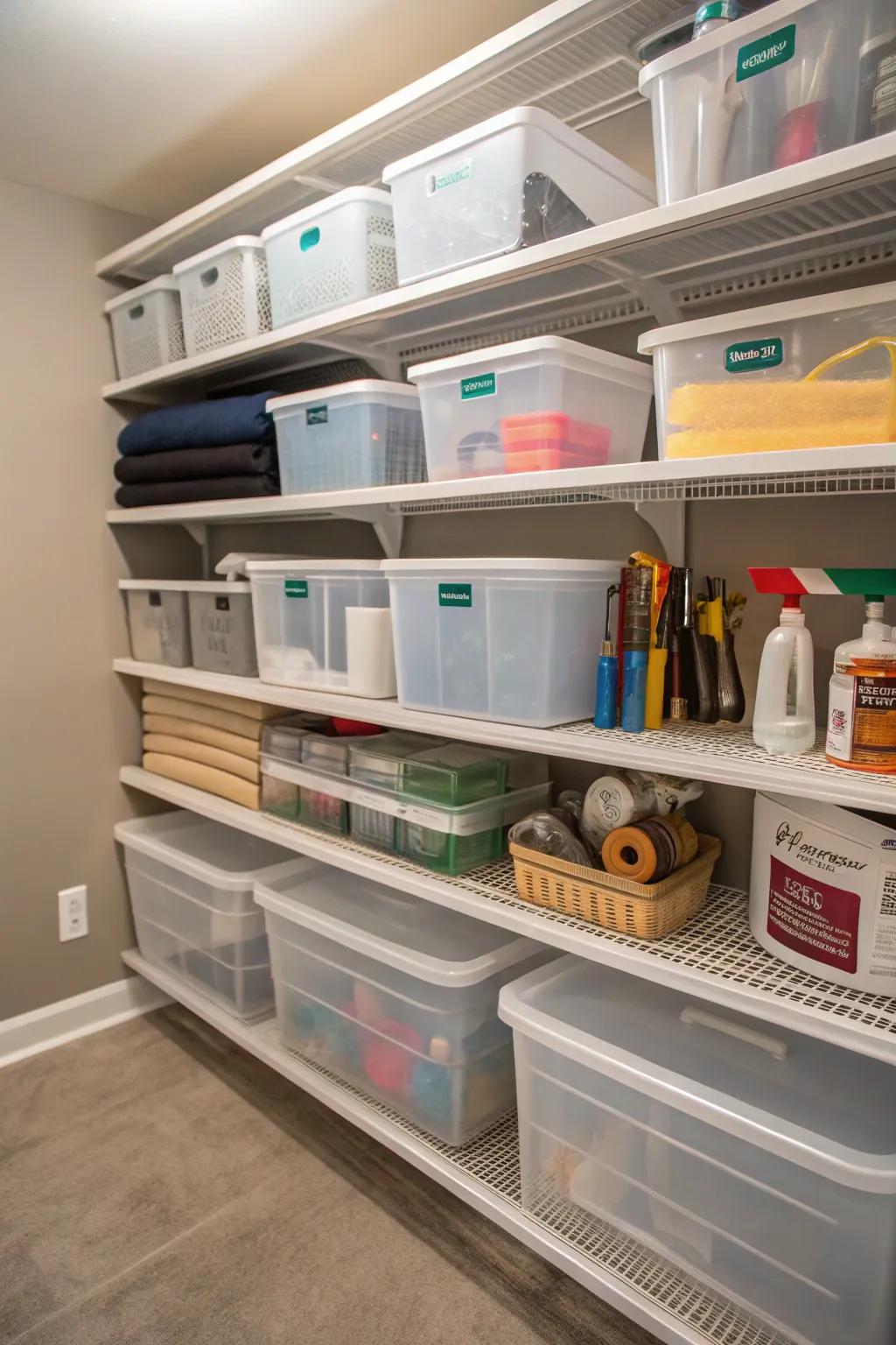 Clear boxes help keep your closet organized and make finding things super easy.