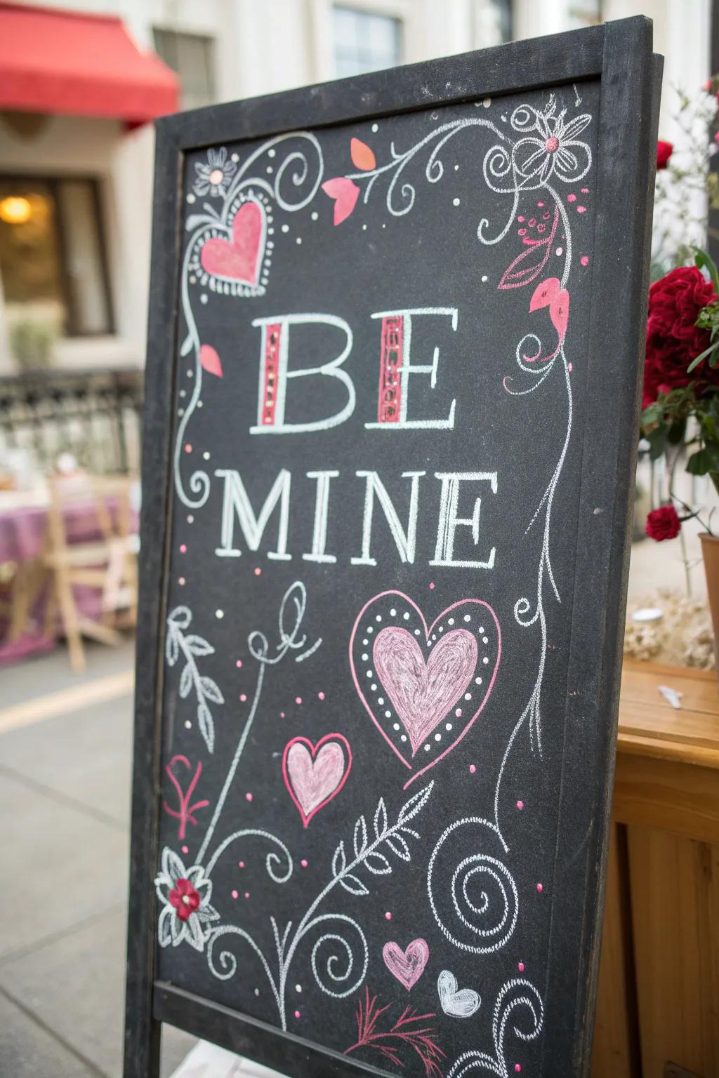 Chalkboard enhanced with ornamental borders and doodles.