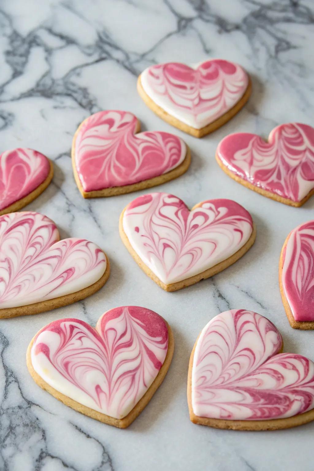 Artistic marbled hearts for a stunning look.