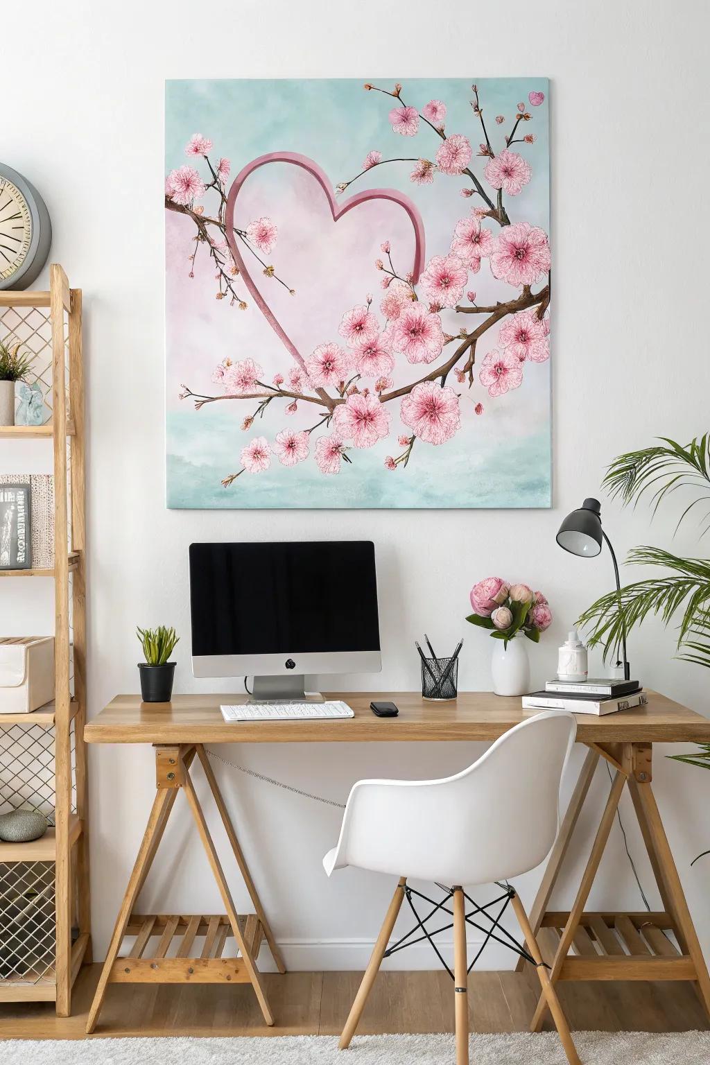 Cherry blossoms contribute a fragile impression to heart-centric artwork.