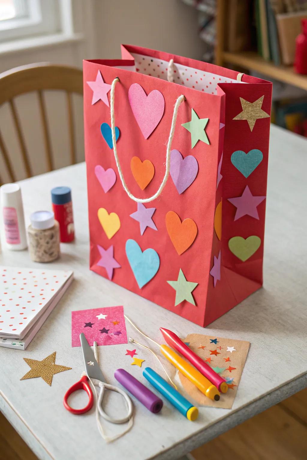 Valentine's bag showcasing bright paper embellishments.
