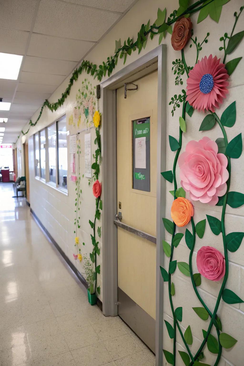 A classroom door adorned with paper blossoms and verdant vines, representing love in bloom.