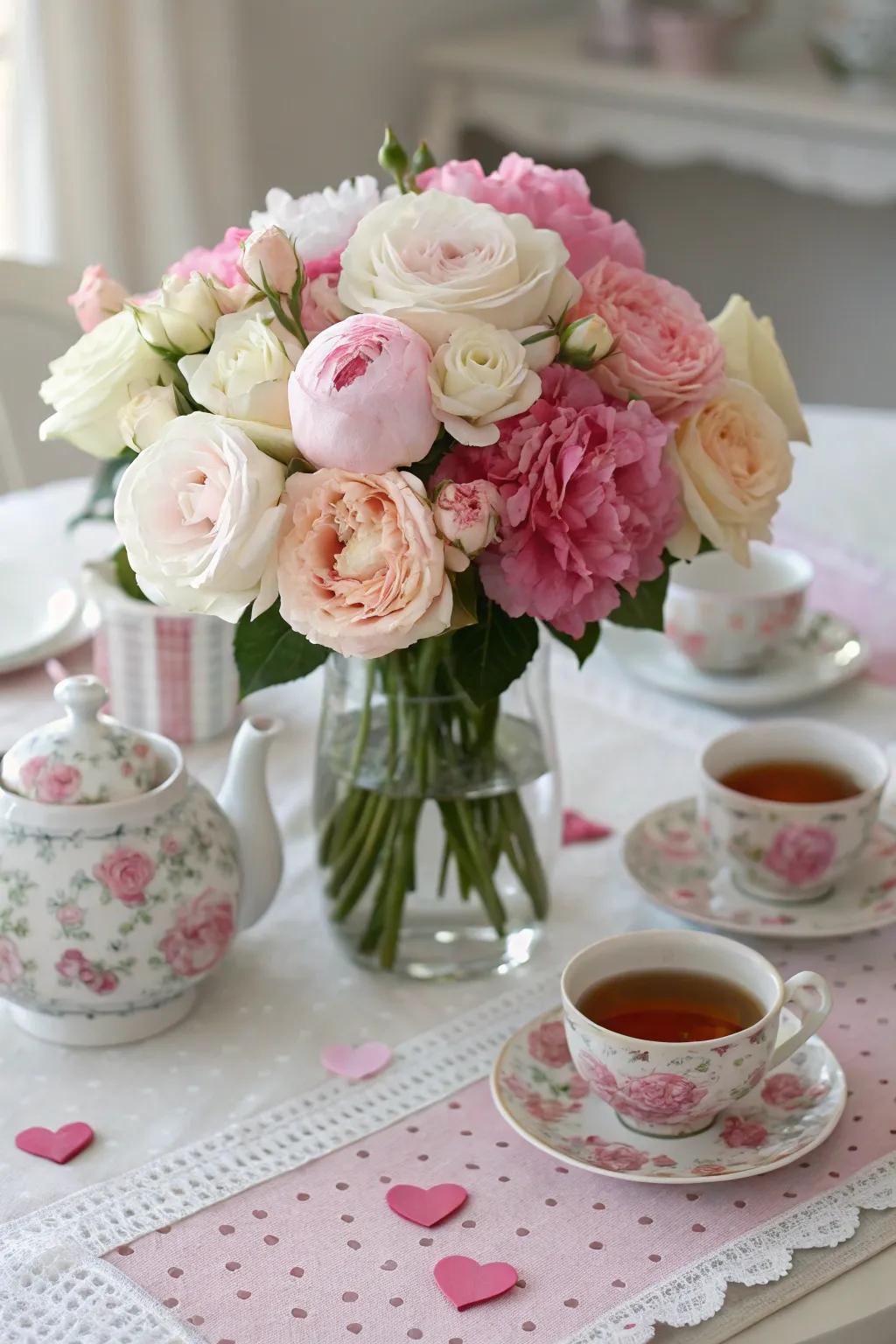 An exquisite botanical composition showcasing roseate and pristine roses and peonies.