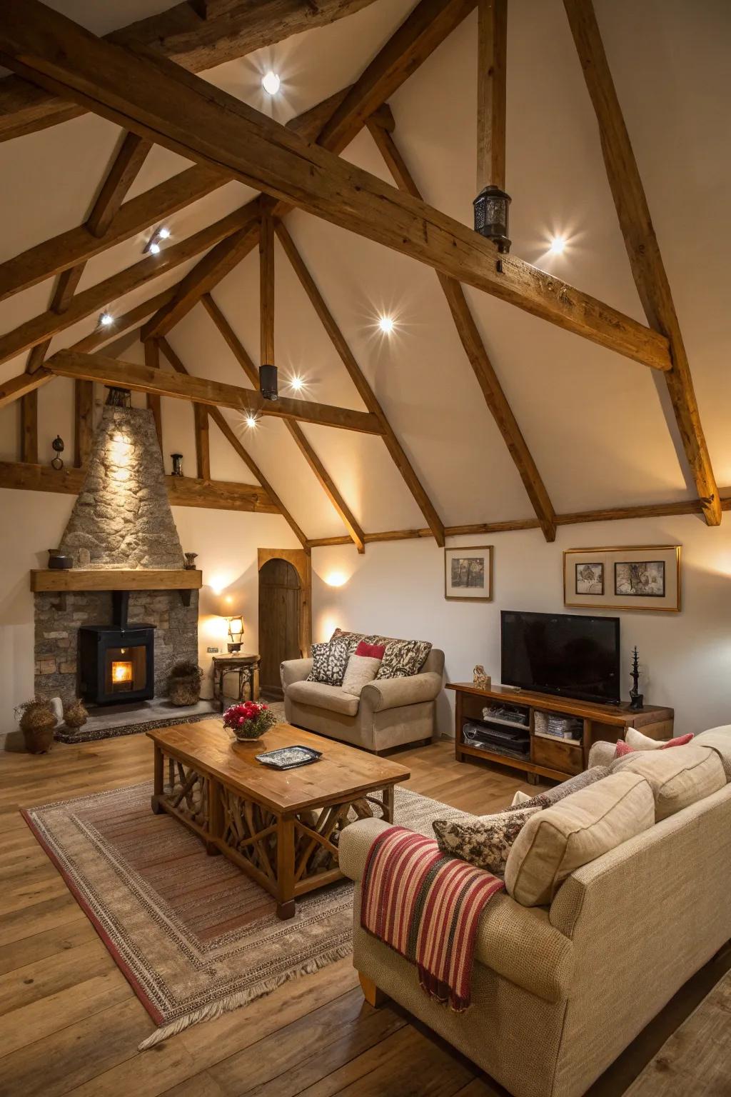 Carefully chosen lighting enriches exposed beams.
