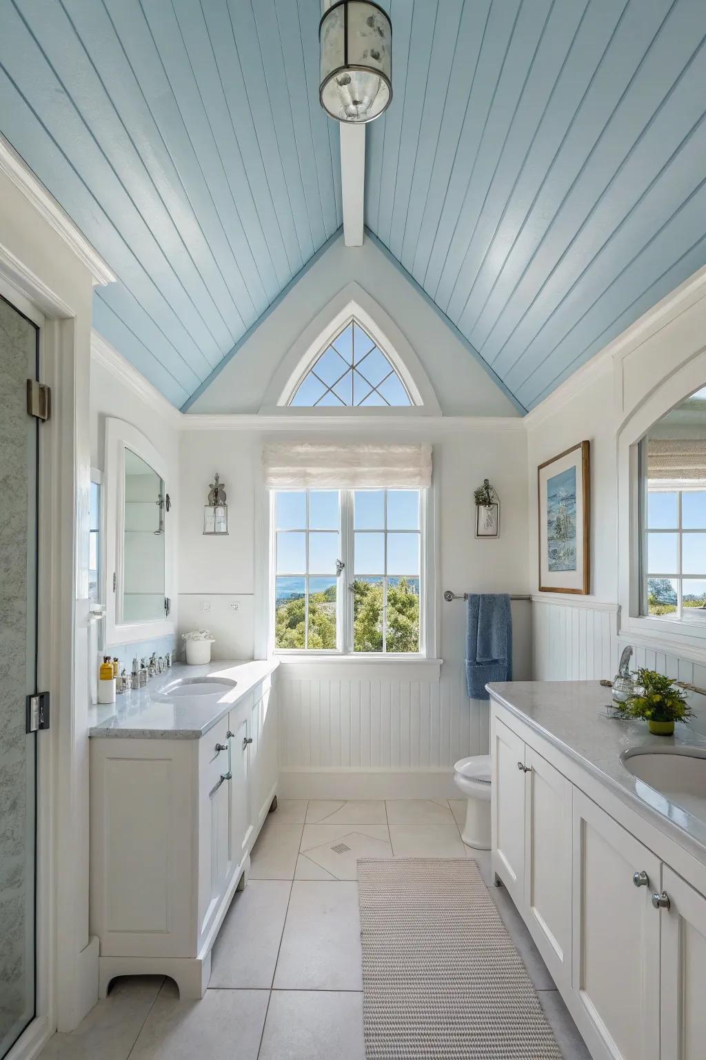 A sky blue high ceiling brings a tranquil ambiance to this bathroom.
