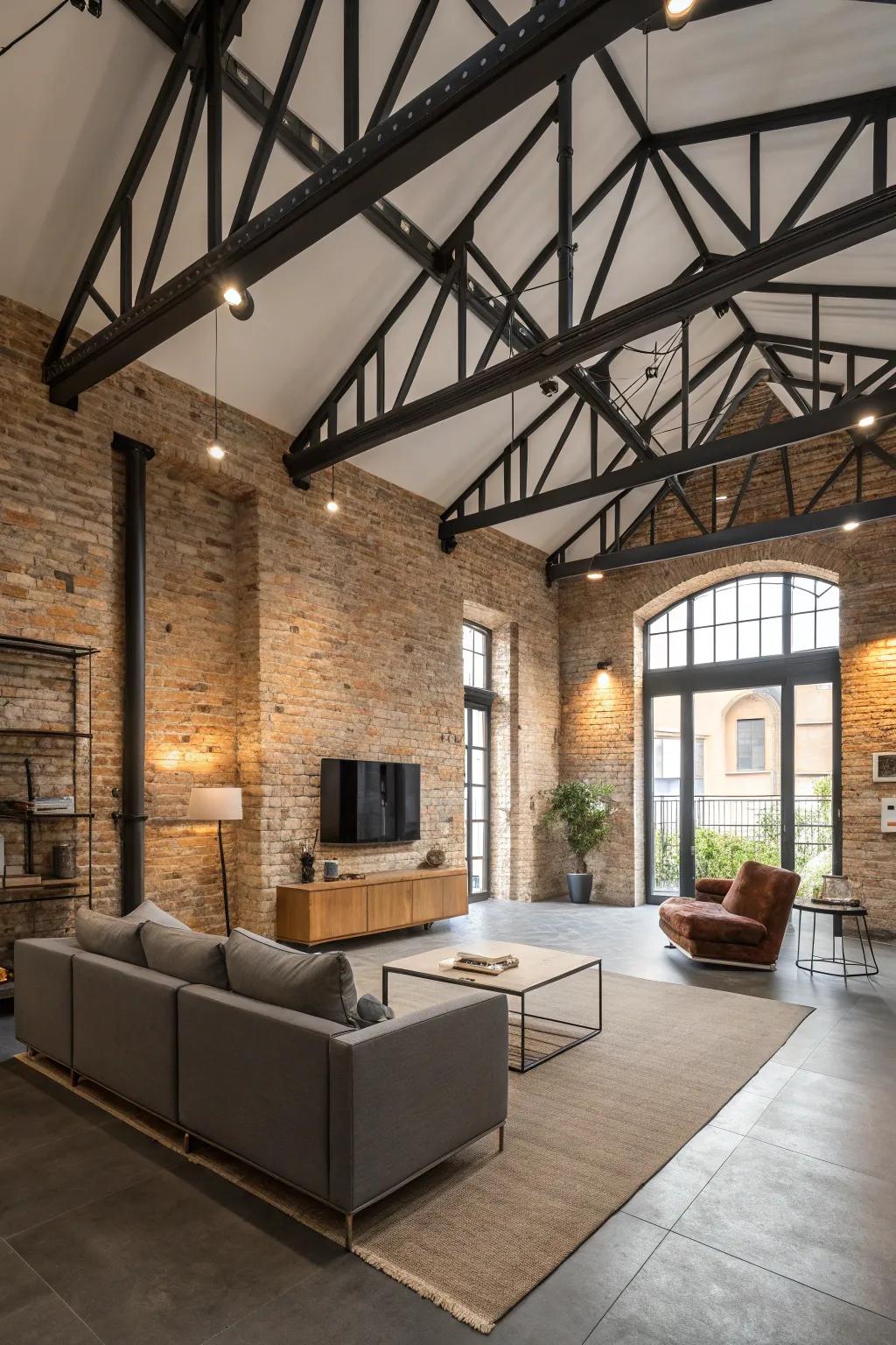 Urban sophistication featuring metal supports on a vaulted ceiling, an ideal fit for urban lofts.