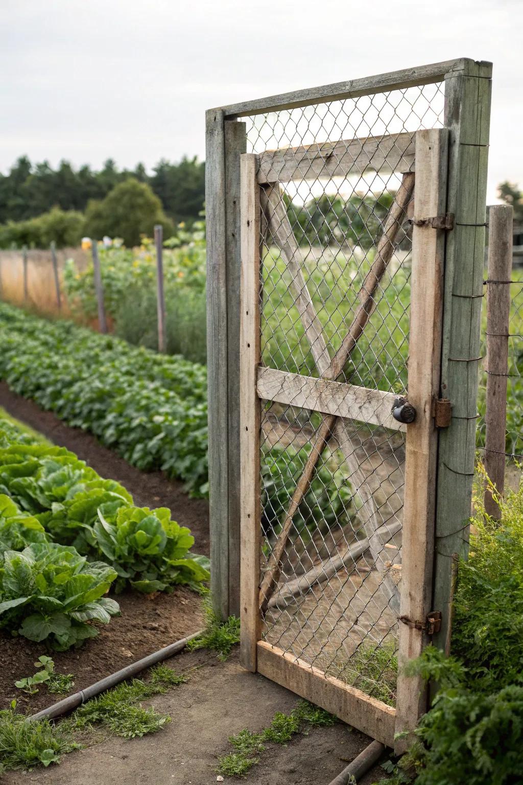 A modern garden access featuring wire mesh for added security.