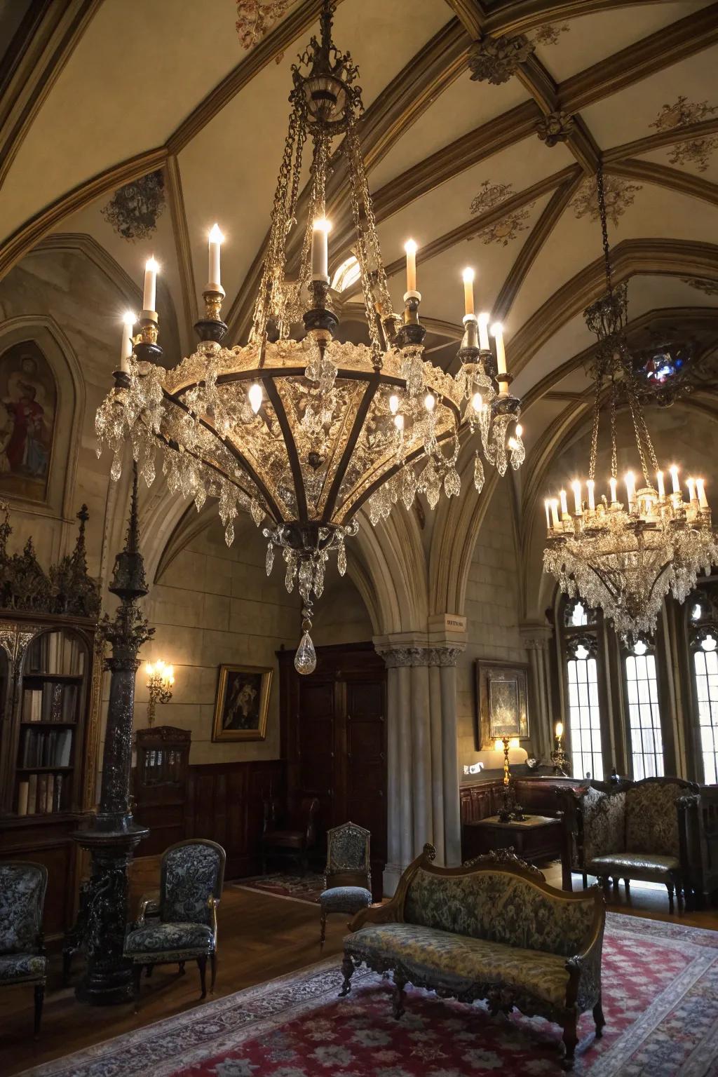 A grand chandelier introduces both radiance and spectacle to the space.