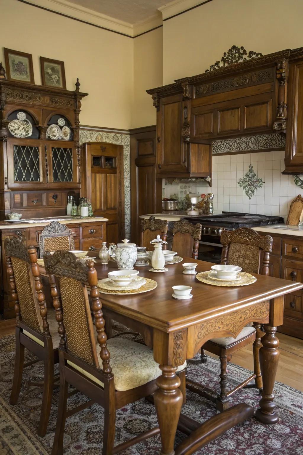 Vintage furniture introduces grandeur and purpose to a Victorian kitchen.
