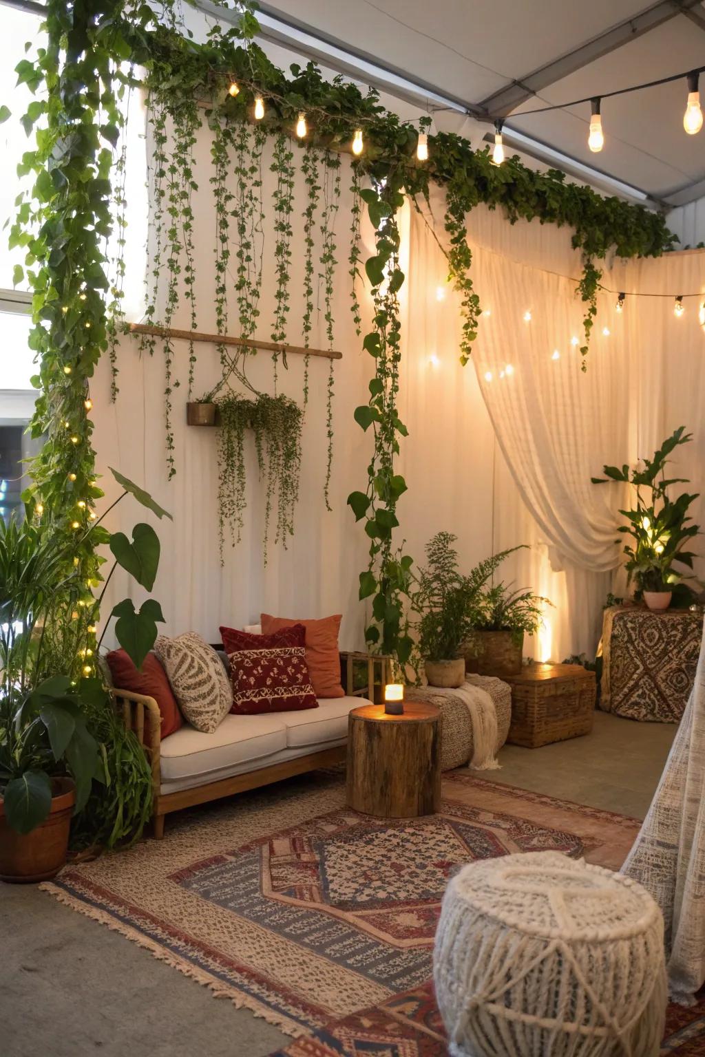 A bohemian wall embellished with flowing foliage for a daring declaration.